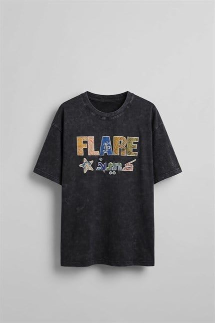 Erkek Oversize Patchwork Nakışlı T-Shirt Siyah