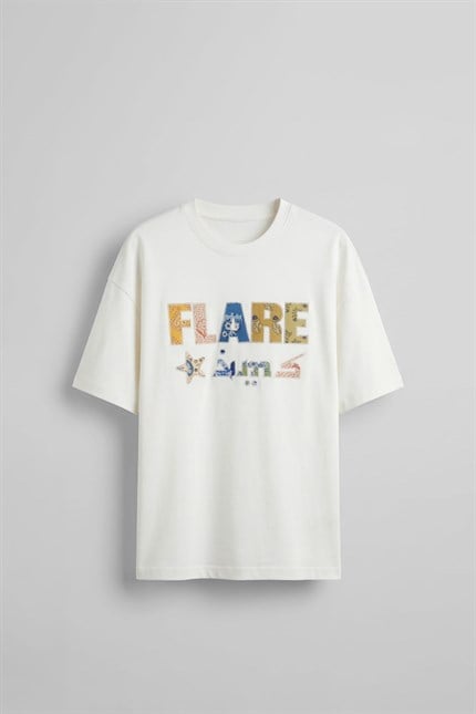 Erkek Oversize Patchwork Nakışlı T-Shirt Ekru