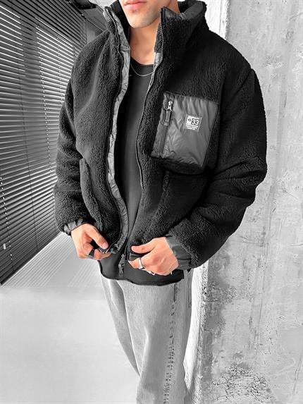 Erkek Oversize Peluş Mont Sweatshirt Ceket Siyah