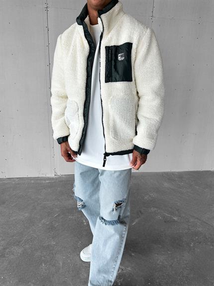 Erkek Oversize Peluş Mont Sweatshirt Ceket Beyaz