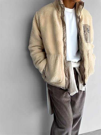 Erkek Oversize Peluş Mont Sweatshirt Ceket Bej