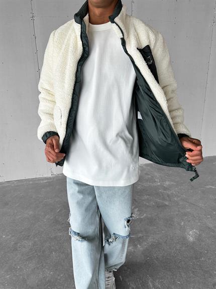 Erkek Oversize Peluş Mont Sweatshirt Ceket Beyaz