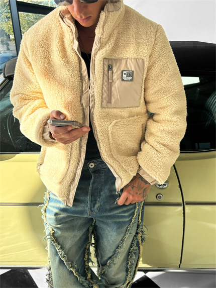 Erkek Oversize Peluş Mont Sweatshirt Ceket Bej