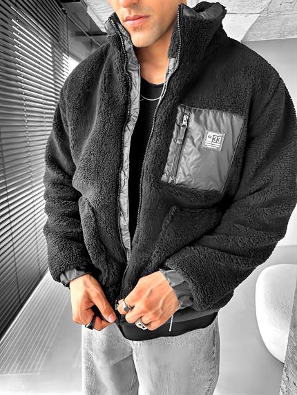 Erkek Oversize Peluş Mont Sweatshirt Ceket Siyah