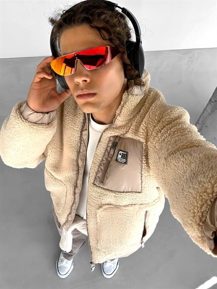 Erkek Oversize Peluş Mont Sweatshirt Ceket Bej