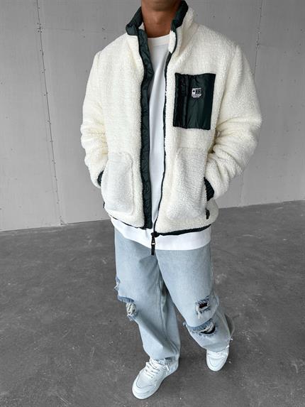 Erkek Oversize Peluş Mont Sweatshirt Ceket Beyaz