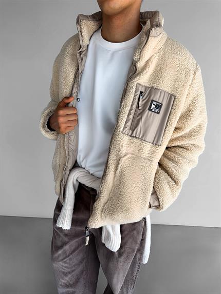 Erkek Oversize Peluş Mont Sweatshirt Ceket Bej