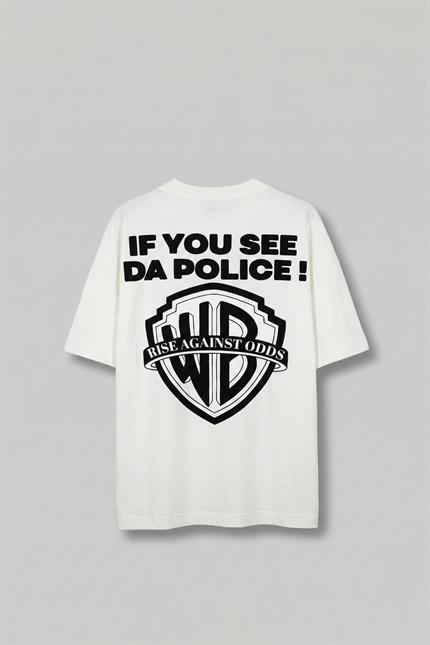 Erkek Oversize Police! Baskılı İki İplik T-Shirt Beyaz