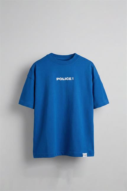 Erkek Oversize Police! Baskılı İki İplik T-Shirt Mavi
