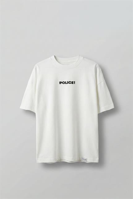 Erkek Oversize Police! Baskılı İki İplik T-Shirt Beyaz
