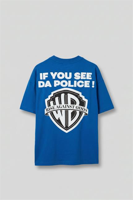 Erkek Oversize Police! Baskılı İki İplik T-Shirt Mavi
