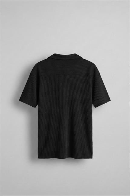 Erkek Oversize Polo Yaka Basic Fitilli T-Shirt Siyah
