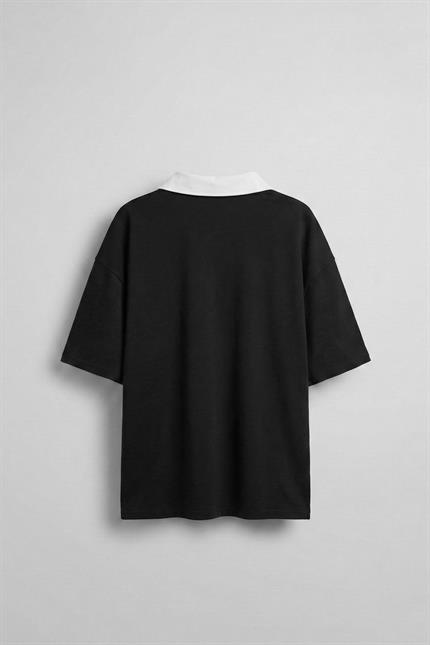 Erkek Oversize Polo Yaka Dokulu Esnek Rahat Baskılı T-Shirt Siyah