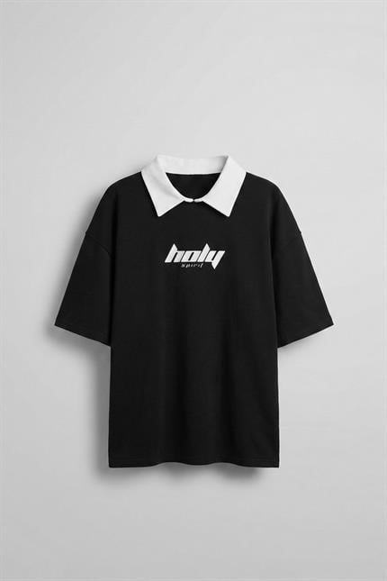 Erkek Oversize Polo Yaka Dokulu Esnek Rahat Baskılı T-Shirt Siyah