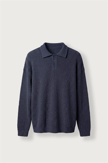 Erkek Oversize Polo Yaka Düğmeli Fitilli Triko Kazak Lacivert