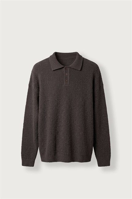Erkek Oversize Polo Yaka Düğmeli Fitilli Triko Kazak Kahverengi