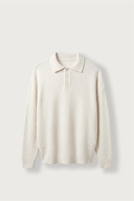 Erkek Oversize Polo Yaka Düğmeli Fitilli Triko Kazak Ekru