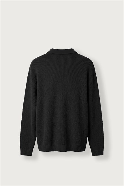Erkek Oversize Polo Yaka Düğmeli Fitilli Triko Kazak Siyah