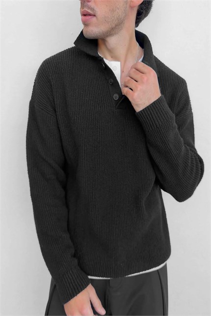 Erkek Oversize Polo Yaka Düğmeli Fitilli Triko Kazak Siyah