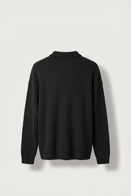 Erkek Oversize Polo Yaka Düğmeli Fitilli Triko Kazak Siyah