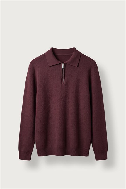 Erkek Oversize Polo Yaka Fermuarlı Triko Kazak Bordo