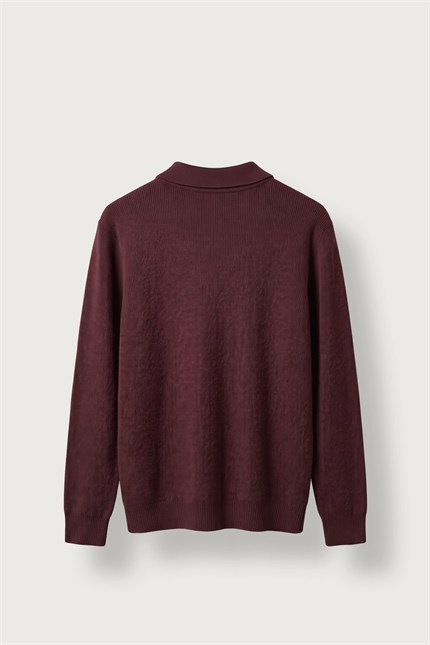 Erkek Oversize Polo Yaka Fermuarlı Triko Kazak Bordo