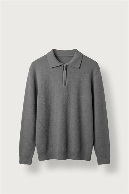 Erkek Oversize Polo Yaka Fermuarlı Triko Kazak Koyu Gri
