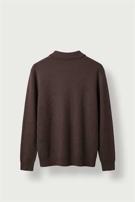 Erkek Oversize Polo Yaka Fermuarlı Triko Kazak Kahverengi