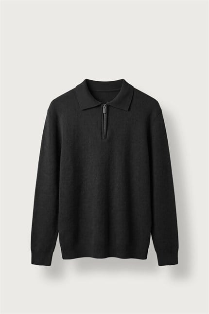 Erkek Oversize Polo Yaka Fermuarlı Triko Kazak Siyah