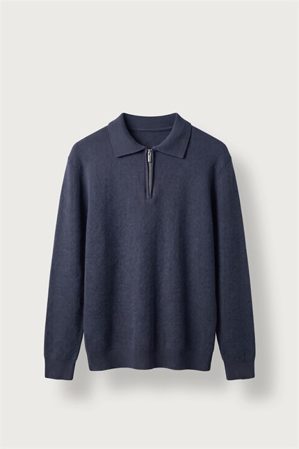 Erkek Oversize Polo Yaka Fermuarlı Triko Kazak Lacivert