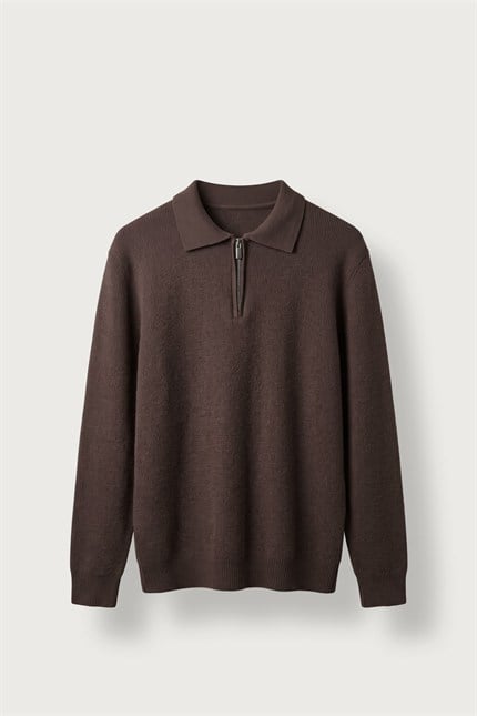 Erkek Oversize Polo Yaka Fermuarlı Triko Kazak Kahverengi