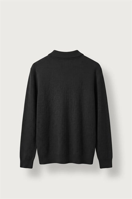 Erkek Oversize Polo Yaka Fermuarlı Triko Kazak Siyah