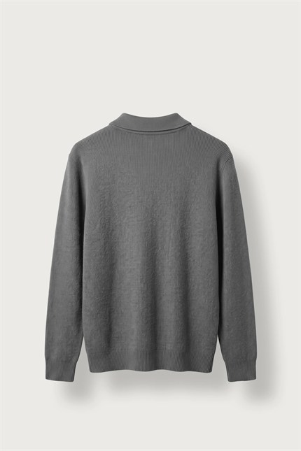Erkek Oversize Polo Yaka Fermuarlı Triko Kazak Koyu Gri