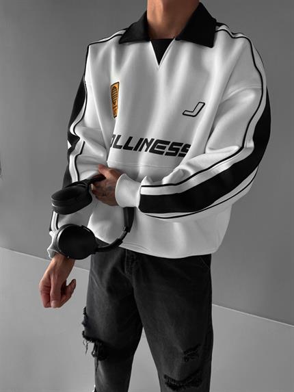 Erkek Oversize Polo Yaka Kolej Sweatshirt Beyaz