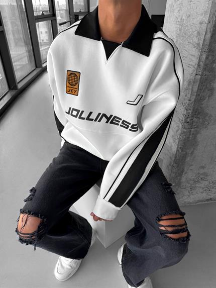 Erkek Oversize Polo Yaka Kolej Sweatshirt Beyaz
