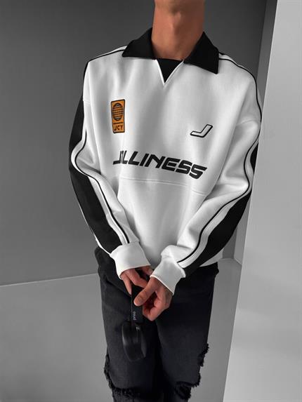 Erkek Oversize Polo Yaka Kolej Sweatshirt Beyaz