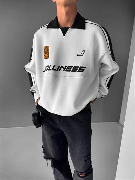 Erkek Oversize Polo Yaka Kolej Sweatshirt Beyaz