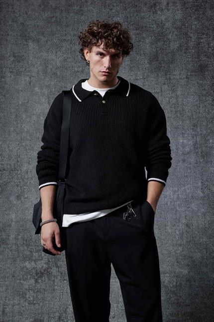 Erkek Oversize Polo Yaka Kontrast Detaylı Triko Kazak Siyah