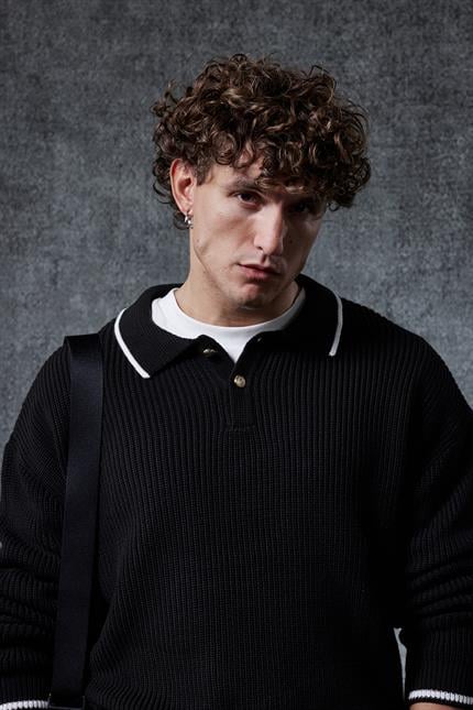 Erkek Oversize Polo Yaka Kontrast Detaylı Triko Kazak Siyah