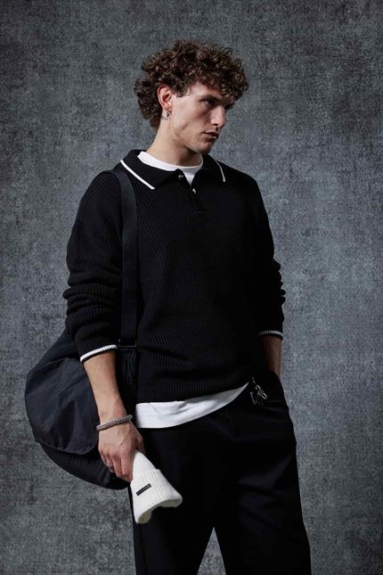 Erkek Oversize Polo Yaka Kontrast Detaylı Triko Kazak Siyah