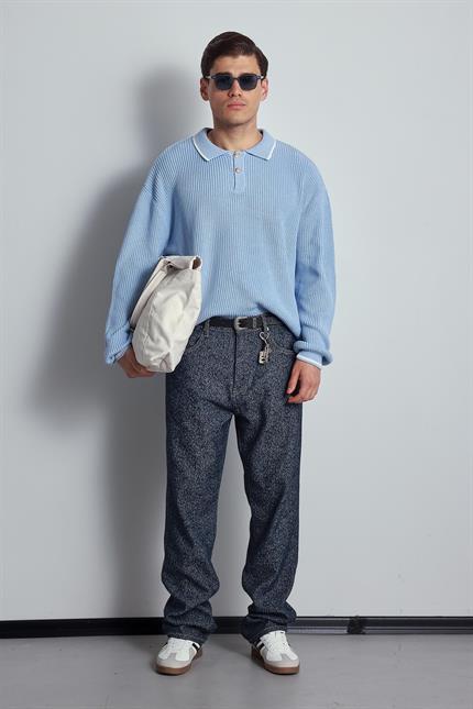 Erkek Oversize Polo Yaka Kontrast Detaylı Triko Kazak Açık Mavi