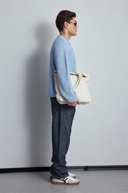 Erkek Oversize Polo Yaka Kontrast Detaylı Triko Kazak Açık Mavi