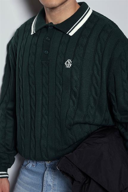 Erkek Oversize Polo Yaka Örgü Desenli Triko Kazak Yeşil