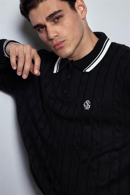 Erkek Oversize Polo Yaka Örgü Desenli Triko Kazak Siyah