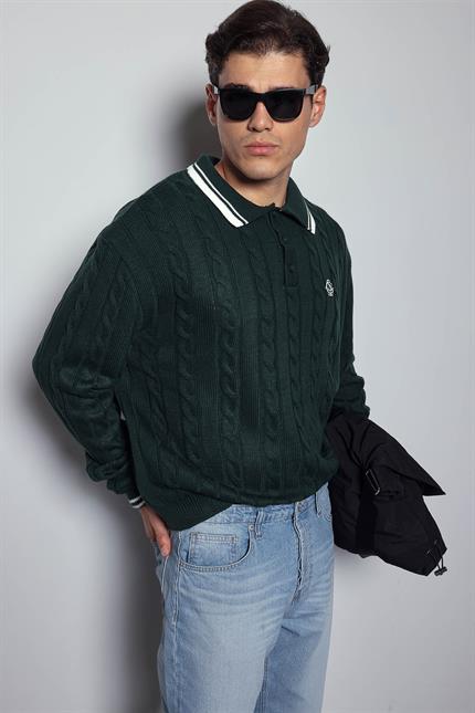 Erkek Oversize Polo Yaka Örgü Desenli Triko Kazak Yeşil