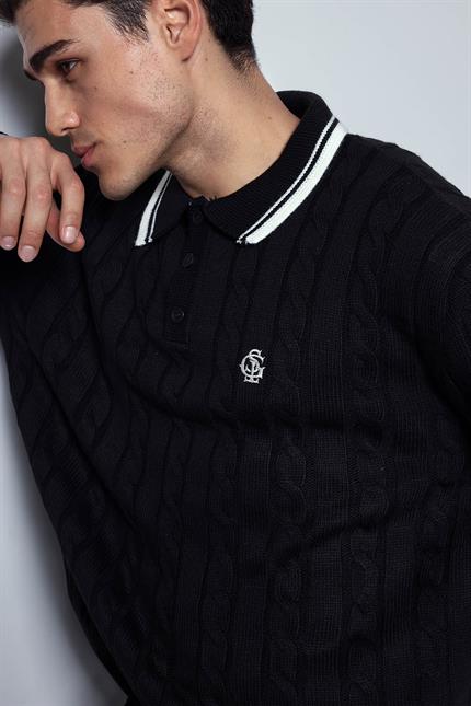 Erkek Oversize Polo Yaka Örgü Desenli Triko Kazak Siyah