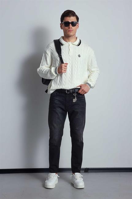 Erkek Oversize Polo Yaka Örgü Desenli Triko Kazak Ekru