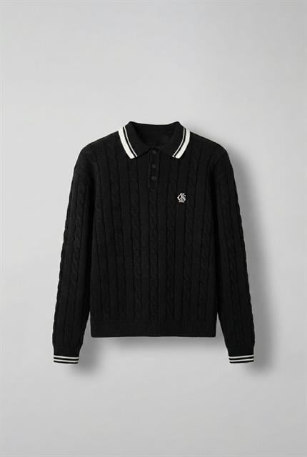 Erkek Oversize Polo Yaka Örgü Desenli Triko Kazak Siyah