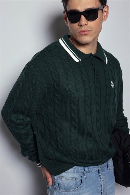 Erkek Oversize Polo Yaka Örgü Desenli Triko Kazak Yeşil