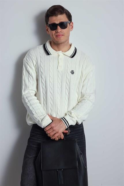 Erkek Oversize Polo Yaka Örgü Desenli Triko Kazak Ekru